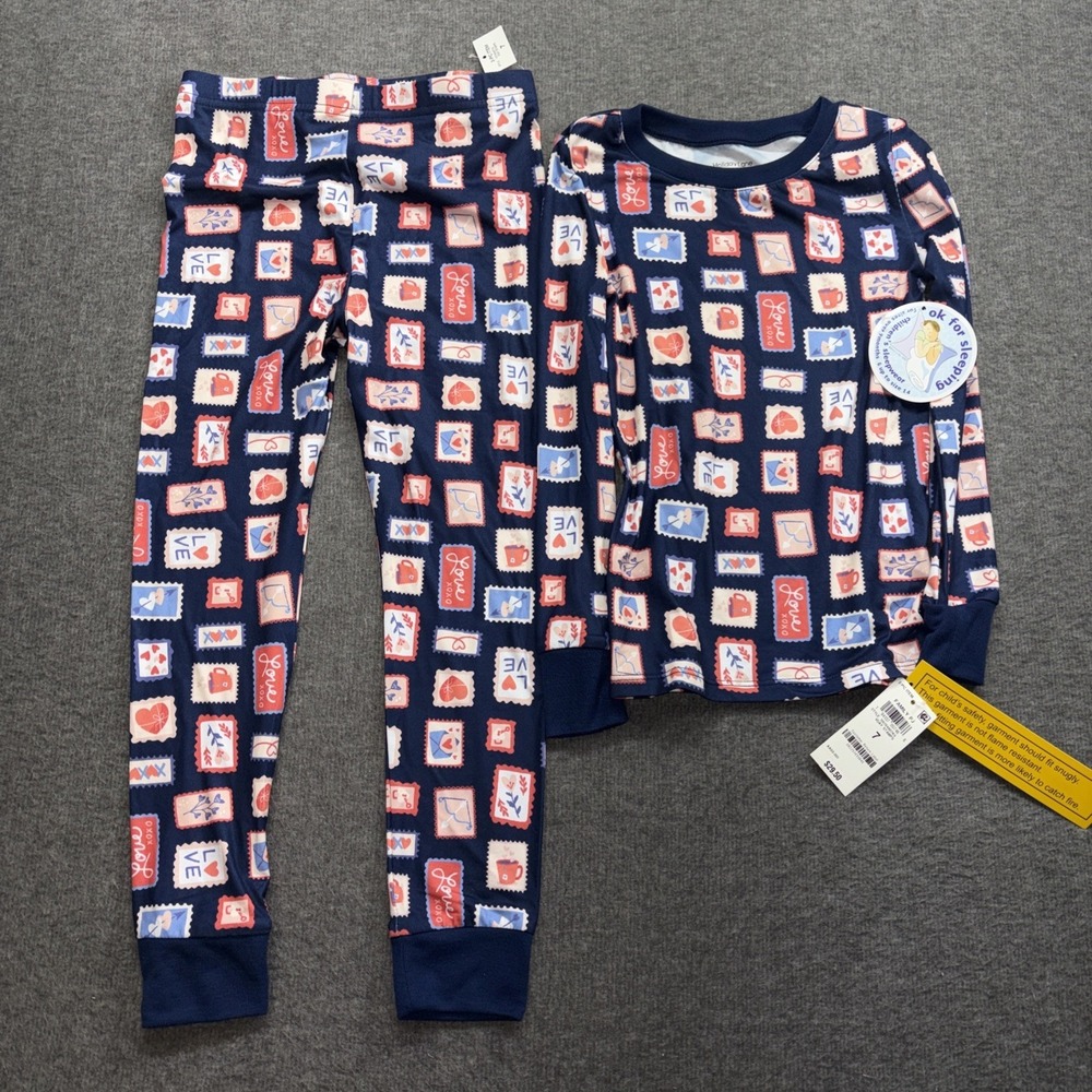 Holiday Lane Sleepwear Two Piece Pajama Set Kids‎ Size 7 Valentine's Day Stamps